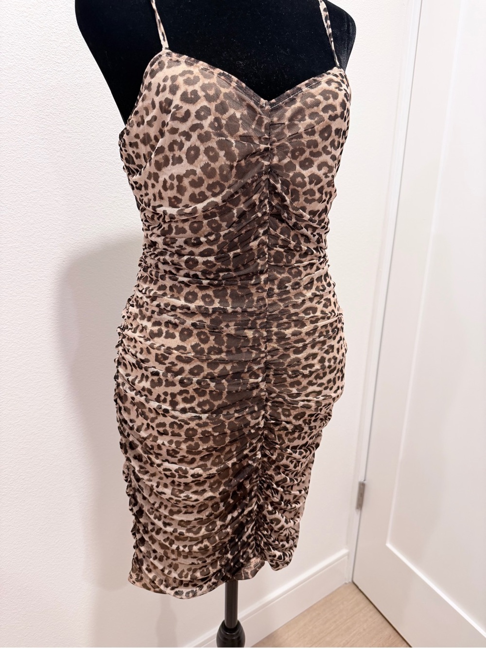 AQUA Leopard Print Ruched Spaghetti Strap Dress - Brown/Tan - Picture 3 of 7
